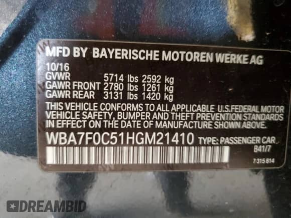 2017 BMW 7 Series 750i with VIN WBA7F0C51HGM21410, listed as a Copart auction lot 80801545 with 75,738 mi miles and Salvage title. Bid and sale history available at DreamBid. Image 13.