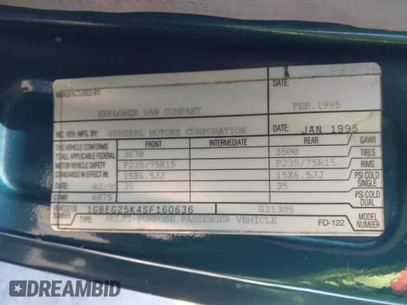 1995 Chevrolet Chevy Van with VIN 1GBEG25K4SF160636, listed as a IAAI auction lot 42537984 with 152,069 mi miles and . Bid and sale history available at DreamBid. Image 9.