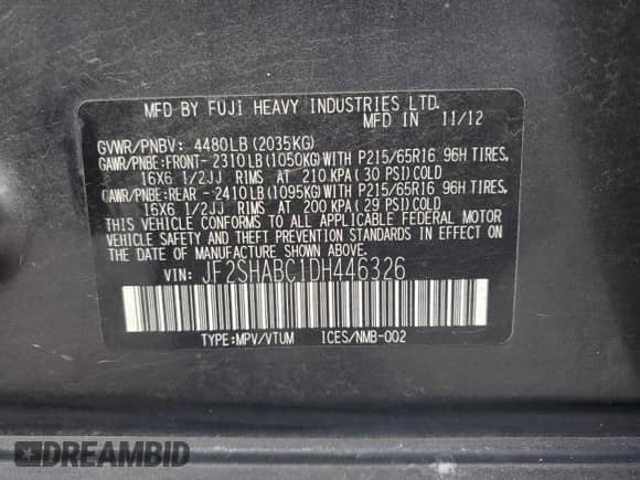 2013 Subaru Forester X z VIN JF2SHABC1DH446326, wystawiony jako Copart lot #81968715 z przebiegiem 121 814 mil mil oraz Szkoda całkowita • Salvage title. Historia ofert i sprzedaży dostępna na DreamBid. Obrazek 14.