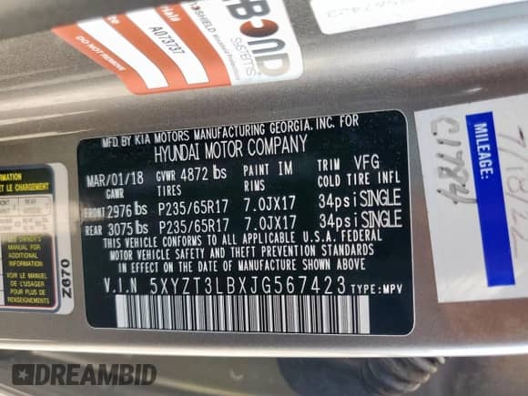 2018 Hyundai Santa Fe 2.4L с VIN 5XYZT3LBXJG567423, выставлен на аукционе Copart как лот 80715345 с пробегом 96 870 миль миль и Списание • Salvage title. История ставок и продаж доступна на DreamBid. Изображение 14.