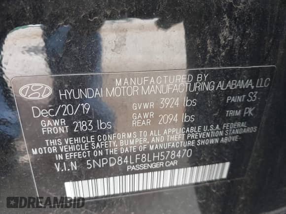 2020 Hyundai Elantra SEL with VIN 5NPD84LF8LH578470, listed as a IAAI auction lot 43098873 with 28,476 mi miles and . Bid and sale history available at DreamBid. Image 9.