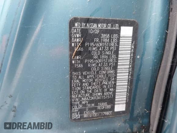 2010 Nissan Cube SL with VIN JN8AZ2KR3AT151517, listed as a IAAI auction lot 43290870 with 94,295 mi miles and . Bid and sale history available at DreamBid. Image 9.