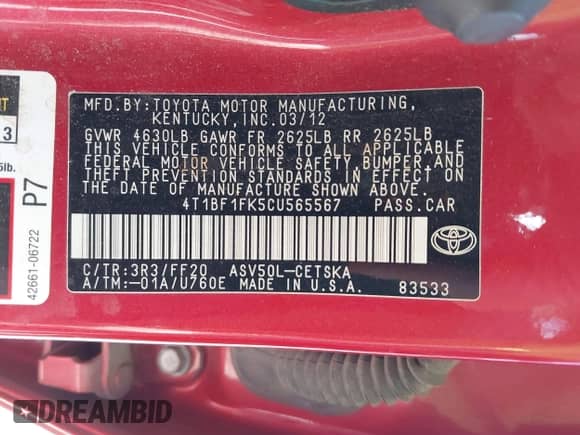 2012 Toyota Camry L with VIN 4T1BF1FK5CU565567, listed as a IAAI auction lot 43280904 with 212,079 mi miles and . Bid and sale history available at DreamBid. Image 9.