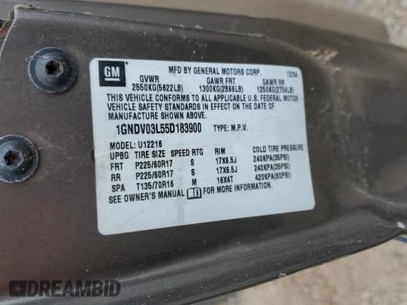 2005 Chevrolet Uplander с VIN 1GNDV03L55D183900, выставлен на аукционе Copart как лот 56283285 с пробегом 179 724 миль миль и Чистый • Clean title. История ставок и продаж доступна на DreamBid. Изображение 13.