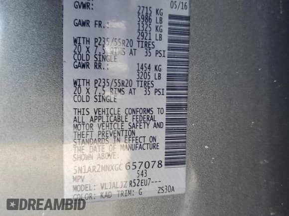 2016 Nissan Pathfinder SL с VIN 5N1AR2MNXGC657078, выставлен на аукционе Copart как лот 62484115 с пробегом Не указан миль и Списание • Salvage title. История ставок и продаж доступна на DreamBid. Изображение 13.