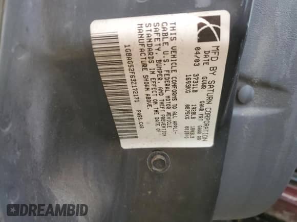 2003 Saturn ION ION 1 с VIN 1G8AG52F63Z172171, выставлен на аукционе Copart как лот 86427514 с пробегом 105 735 миль миль и Чистый • Clean title. История ставок и продаж доступна на DreamBid. Изображение 12.