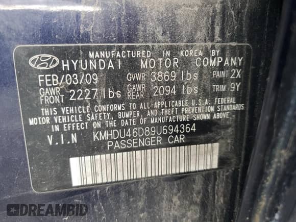 2009 Hyundai Elantra GLS z VIN KMHDU46D89U694364, wystawiony jako Copart lot #87024635 z przebiegiem 182 885 mil mil oraz Szkoda całkowita • Salvage title. Historia ofert i sprzedaży dostępna na DreamBid. Obrazek 12.