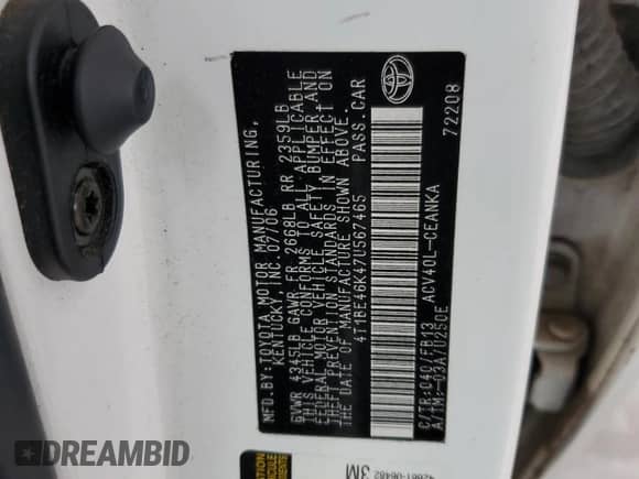 2007 Toyota Camry CE z VIN 4T1BE46K47U567465, wystawiony jako Copart lot #84950135 z przebiegiem 207 166 mil mil oraz Szkoda całkowita • Salvage title. Historia ofert i sprzedaży dostępna na DreamBid. Obrazek 12.