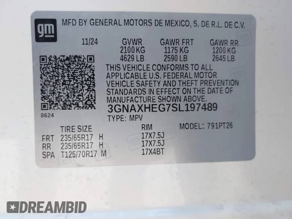 2025 Chevrolet Equinox FWD LT with VIN 3GNAXHEG7SL197489, listed as a IAAI auction lot 42921722 with 10,174 mi miles and . Bid and sale history available at DreamBid. Image 9.