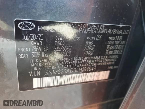 2020 Hyundai Santa Fe SE с VIN 5NMS23AD0LH254043, выставлен на аукционе Copart как лот 84197515 с пробегом 105 379 миль миль и Списание • Salvage title. История ставок и продаж доступна на DreamBid. Изображение 13.