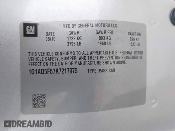 2010 Chevrolet Cobalt 1LT с VIN 1G1AD5F57A7217975, выставлен на аукционе IAAI как лот 43433892 с пробегом 130 414 миль миль и . История ставок и продаж доступна на DreamBid. Изображение 9.