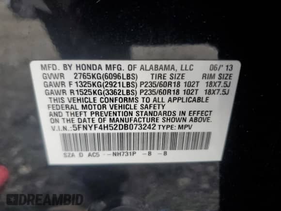 2013 Honda Pilot EX-L with VIN 5FNYF4H52DB073242, listed as a Copart auction lot 89910325 with 202,723 mi miles and Salvage title. Bid and sale history available at DreamBid. Image 13.