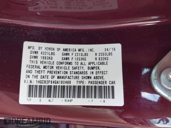 2016 Honda Accord EX-L with VIN 1HGCR2F94GA190489, listed as a IAAI auction lot 43303559 with 74,212 mi miles and . Bid and sale history available at DreamBid. Image 9.