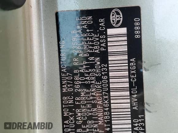 2007 Toyota Camry с VIN 4T1BB46KX7U006132, выставлен на аукционе Copart как лот 84232005 с пробегом 157 435 миль миль и Чистый • Clean title. История ставок и продаж доступна на DreamBid. Изображение 12.