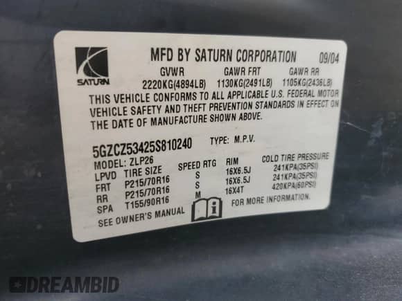 2005 Saturn VUE with VIN 5GZCZ53425S810240, listed as a Copart auction lot 68646895 with 177,552 mi miles and Salvage title. Bid and sale history available at DreamBid. Image 13.