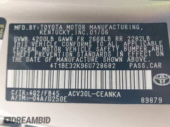 2006 Toyota Camry LE с VIN 4T1BE32K96U728682, выставлен на аукционе IAAI как лот 43496402 с пробегом 97 335 миль миль и . История ставок и продаж доступна на DreamBid. Изображение 9.