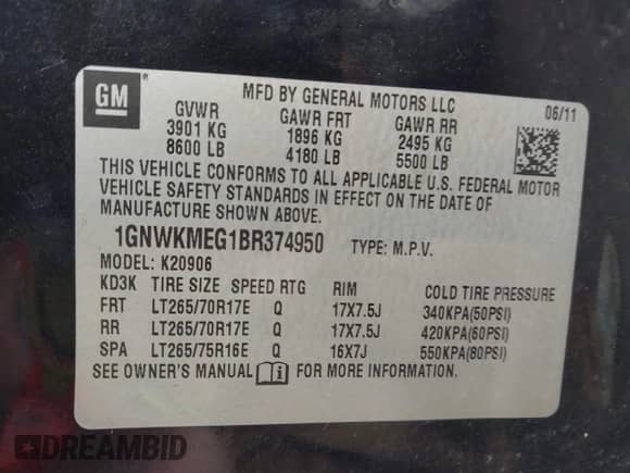 2011 Chevrolet Suburban with VIN 1GNWKMEG1BR374950, listed as a IAAI auction lot 42781182 with 304,690 mi miles and . Bid and sale history available at DreamBid. Image 9.