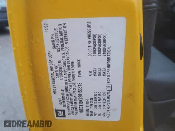 2003 Chevrolet S-10 LS с VIN 1GCCT19X238153818, выставлен на аукционе Copart как лот 59510845 с пробегом 145 782 миль миль и Списание • Salvage title. История ставок и продаж доступна на DreamBid. Изображение 12.
