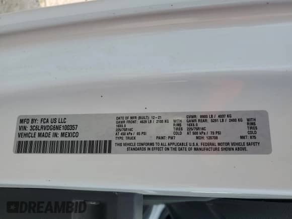 2022 Ram ProMaster Cargo z VIN 3C6LRVDG6NE100357, wystawiony jako Copart lot #59578265 z przebiegiem Nie podano mil oraz Szkoda całkowita • Salvage title. Historia ofert i sprzedaży dostępna na DreamBid. Obrazek 13.