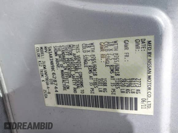 2011 Nissan Pathfinder LE z VIN 5N1AR1NB9BC628744, wystawiony jako IAAI lot #41975483 z przebiegiem 93 632 mil mil oraz . Historia ofert i sprzedaży dostępna na DreamBid. Obrazek 9.