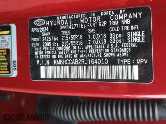 2024 Hyundai Kona SEL с VIN KM8HCCAB2RU164010, выставлен на аукционе Copart как лот 87077115 с пробегом 6 466 миль миль и Списание • Salvage title. История ставок и продаж доступна на DreamBid. Изображение 13.