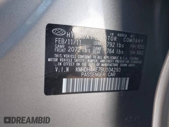 2011 Hyundai Elantra GLS with VIN KMHDH4AE7BU104293, listed as a IAAI auction lot 42951641 with 163,327 mi miles and . Bid and sale history available at DreamBid. Image 9.