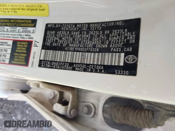 2014 Toyota Camry L with VIN 4T1BF1FK0EU770328, listed as a IAAI auction lot 43172276 with Not provided miles and . Bid and sale history available at DreamBid. Image 9.