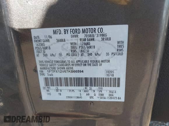 2007 Ford F-150 XL with VIN 1FTPX12V67KB66594, listed as a IAAI auction lot 43137462 with 191,974 mi miles and . Bid and sale history available at DreamBid. Image 9.