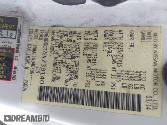 2014 Nissan Frontier S with VIN 1N6BD0CT2EN739140, listed as a IAAI auction lot 42386745 with 169,409 mi miles and . Bid and sale history available at DreamBid. Image 9.