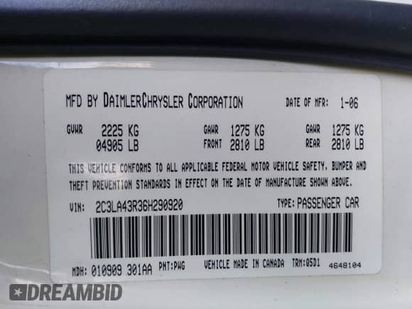 2006 Chrysler 300 with VIN 2C3LA43R36H290920, listed as a IAAI auction lot 43082121 with 258,349 mi miles and . Bid and sale history available at DreamBid. Image 9.