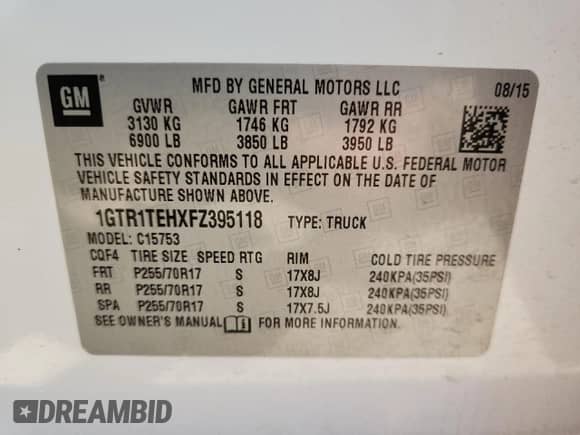 2015 GMC Sierra 1500 with VIN 1GTR1TEHXFZ395118, listed as a Copart auction lot 61212295 with 176,782 mi miles and Salvage title. Bid and sale history available at DreamBid. Image 12.