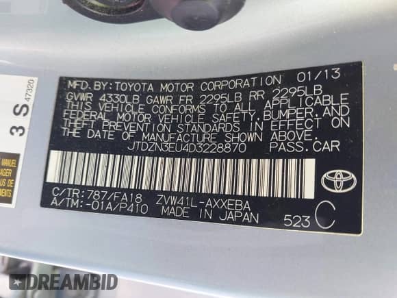 2013 Toyota Prius Two with VIN JTDZN3EU4D3228870, listed as a IAAI auction lot 42865302 with 253,307 mi miles and . Bid and sale history available at DreamBid. Image 9.