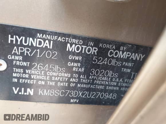 2002 Hyundai Santa Fe GLS z VIN KM8SC73DX2U270948, wystawiony jako IAAI lot #42157089 z przebiegiem 170 824 mil mil oraz . Historia ofert i sprzedaży dostępna na DreamBid. Obrazek 9.