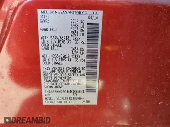 2014 Nissan Pathfinder S with VIN 5N1AR2MN0EC688661, listed as a Copart auction lot 71724515 with 104,270 mi miles and Clean title. Bid and sale history available at DreamBid. Image 13.