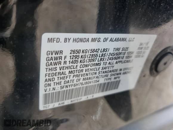 2018 Honda Pilot EX-L with VIN 5FNYF6H76JB041354, listed as a Copart auction lot 65091195 with 100,888 mi miles and Salvage title. Bid and sale history available at DreamBid. Image 13.