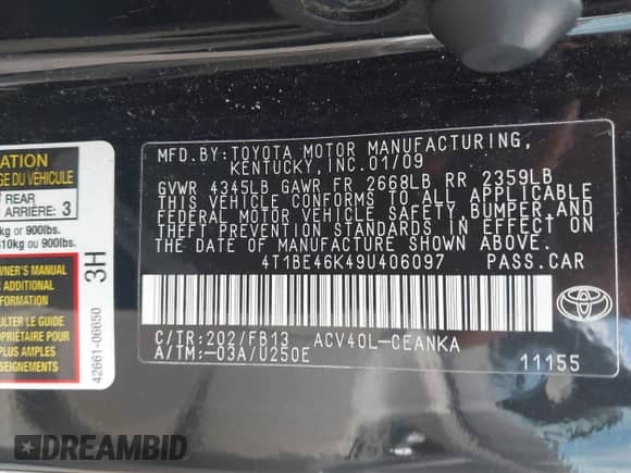 2009 Toyota Camry with VIN 4T1BE46K49U406097, listed as a IAAI auction lot 43308371 with 268,413 mi miles and . Bid and sale history available at DreamBid. Image 9.