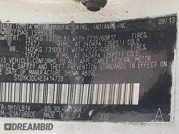 2014 Toyota Sienna XLE z VIN 5TDYK3DC4ES414728, wystawiony jako IAAI lot #42885564 z przebiegiem 291 007 mil mil oraz . Historia ofert i sprzedaży dostępna na DreamBid. Obrazek 9.