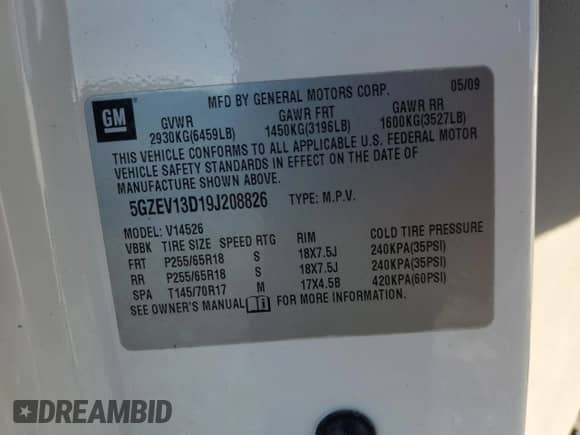 2009 Saturn Outlook XE with VIN 5GZEV13D19J208826, listed as a Copart auction lot 87833065 with 134,749 mi miles and Salvage title. Bid and sale history available at DreamBid. Image 15.