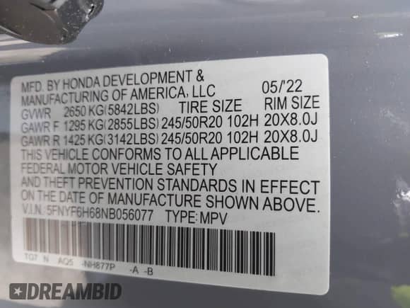 2022 Honda Pilot Touring 7-Passenger z VIN 5FNYF6H68NB056077, wystawiony jako IAAI lot #42357338 z przebiegiem 18 193 mil mil oraz . Historia ofert i sprzedaży dostępna na DreamBid. Obrazek 9.