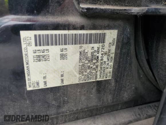 2013 Nissan Maxima SV with VIN 1N4AA5AP3DC804720, listed as a Copart auction lot 81756595 with 273,834 mi miles and Salvage title. Bid and sale history available at DreamBid. Image 12.