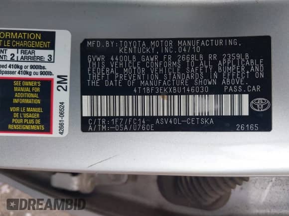 2011 Toyota Camry LE z VIN 4T1BF3EKXBU146030, wystawiony jako IAAI lot #43410642 z przebiegiem 204 674 mil mil oraz . Historia ofert i sprzedaży dostępna na DreamBid. Obrazek 9.