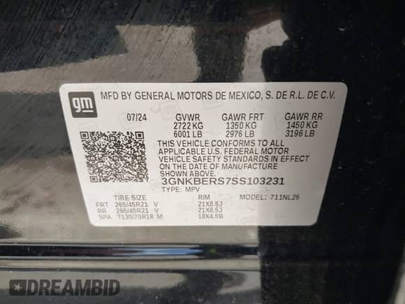 2025 Chevrolet Blazer RS with VIN 3GNKBERS7SS103231, listed as a IAAI auction lot 42860289 with 5,063 mi miles and . Bid and sale history available at DreamBid. Image 9.
