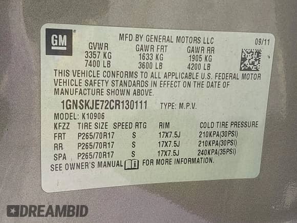 2012 Chevrolet Suburban LT с VIN 1GNSKJE72CR130111, выставлен на аукционе IAAI как лот 42699365 с пробегом 216 827 миль миль и . История ставок и продаж доступна на DreamBid. Изображение 9.
