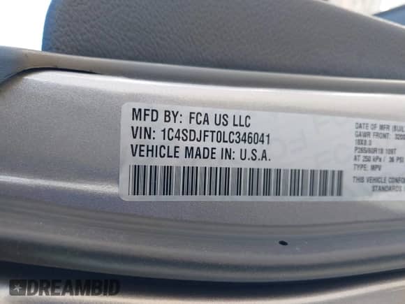 2020 Dodge Durango Pursuit with VIN 1C4SDJFT0LC346041, listed as a IAAI auction lot 42650780 with 67,147 mi miles and . Bid and sale history available at DreamBid. Image 9.