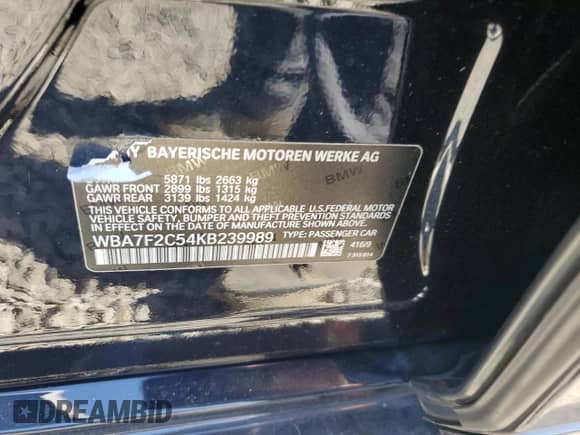 2019 BMW 7 Series 750i xDrive z VIN WBA7F2C54KB239989, wystawiony jako Copart lot #76759694 z przebiegiem 72 867 mil mil oraz Szkoda całkowita • Salvage title. Historia ofert i sprzedaży dostępna na DreamBid. Obrazek 12.