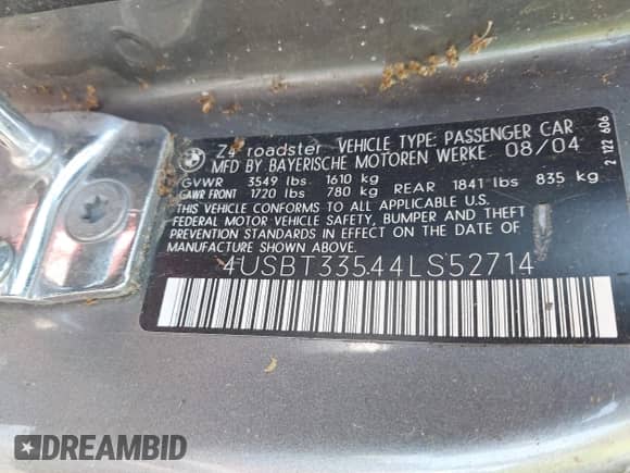 2004 BMW Z4 2.5i с VIN 4USBT33544LS52714, выставлен на аукционе IAAI как лот 41899891 с пробегом Не указан миль и . История ставок и продаж доступна на DreamBid. Изображение 9.