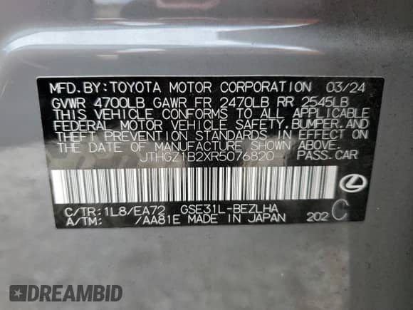 2024 Lexus IS 350 F Sport z VIN JTHGZ1B2XR5076820, wystawiony jako Copart lot #70474665 z przebiegiem 23 126 mil mil oraz Nie do naprawy • Non repairable. Historia ofert i sprzedaży dostępna na DreamBid. Obrazek 12.
