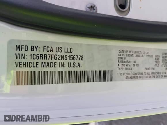 2022 Ram 1500 Tradesman with VIN 1C6RR7FG2NS156778, listed as a IAAI auction lot 42497541 with 104,600 mi miles and . Bid and sale history available at DreamBid. Image 9.