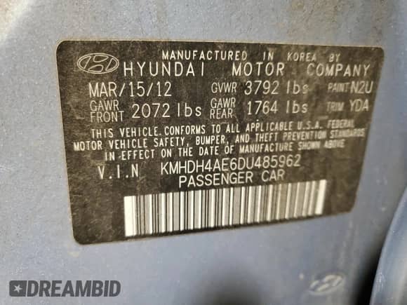 2013 Hyundai Elantra GLS z VIN KMHDH4AE6DU485962, wystawiony jako Copart lot #84523085 z przebiegiem 89 595 mil mil oraz Szkoda całkowita • Salvage title. Historia ofert i sprzedaży dostępna na DreamBid. Obrazek 12.