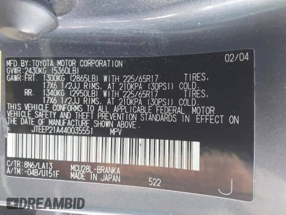 2004 Toyota Highlander с VIN JTEEP21A440035551, выставлен на аукционе IAAI как лот 43029657 с пробегом 184 876 миль миль и . История ставок и продаж доступна на DreamBid. Изображение 9.